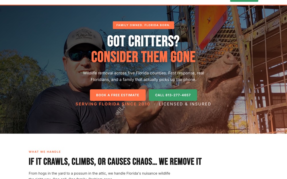 Wilson's Animal Removal website homepage